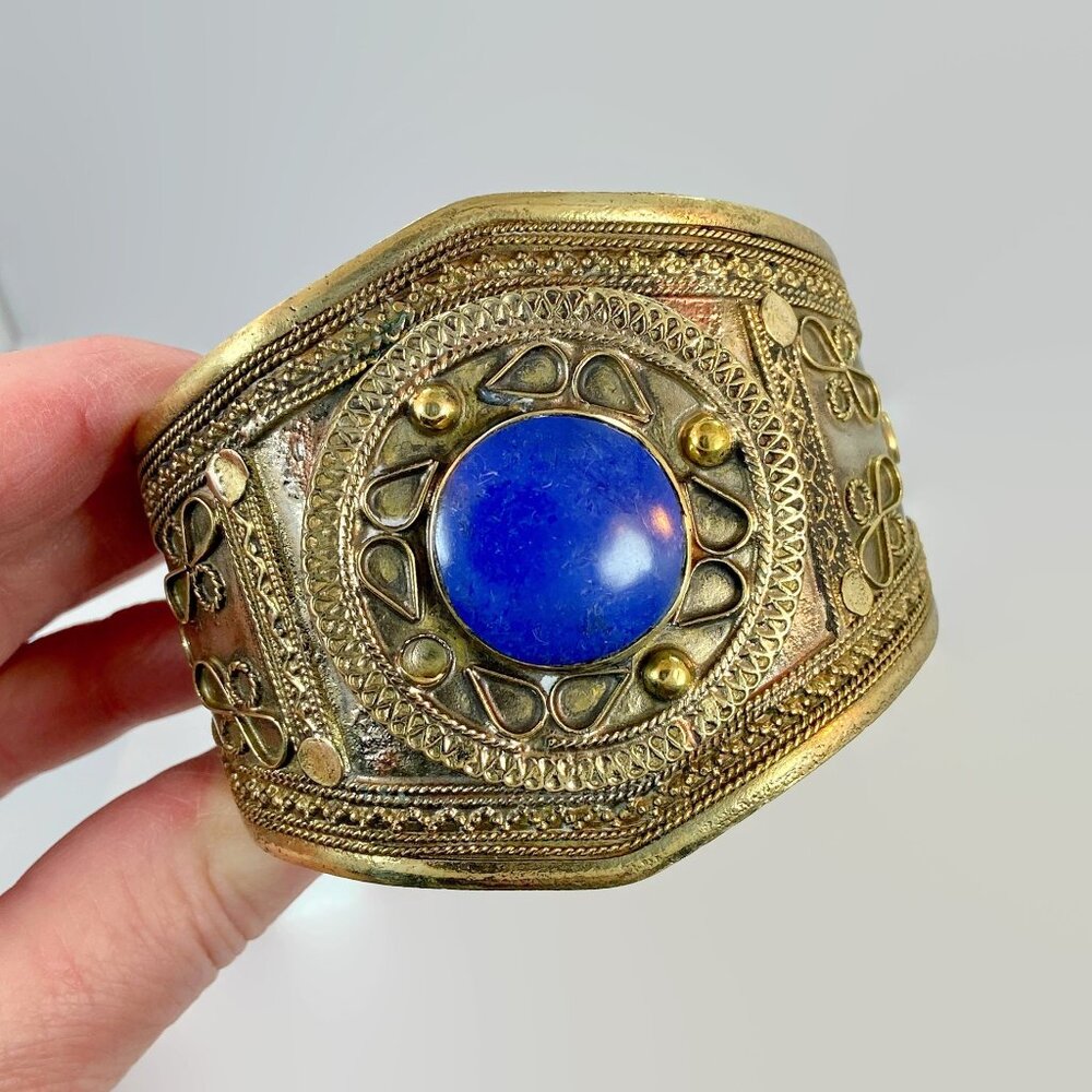 Vintage Bracelet Afghan: Middle Eastern Cuff Silver Brass Mixed Metal